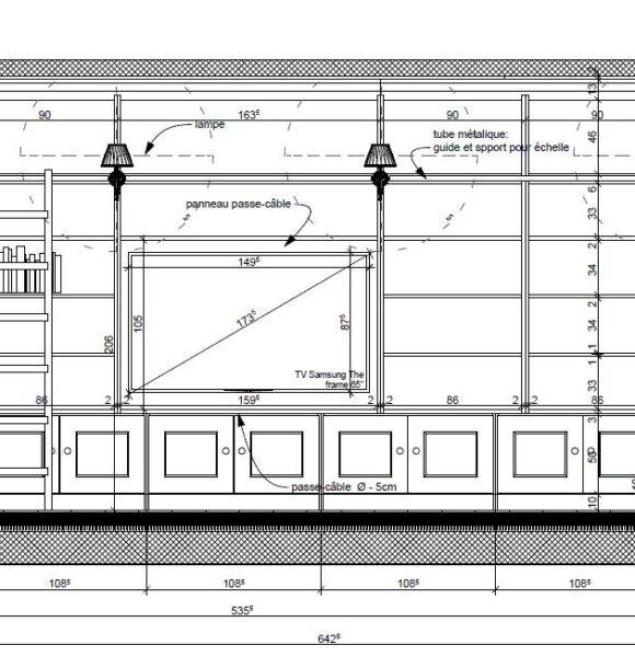 Plan d'architecte d'intérieur 2D vue de coupe d'une bibliothèque