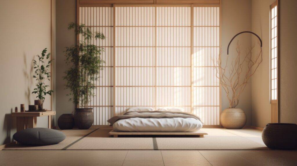 Bedroom decor, home interior design . Japanese Zen style with Tatami Mat decorated with Bamboo and Paper material . Generative AI AIG26.