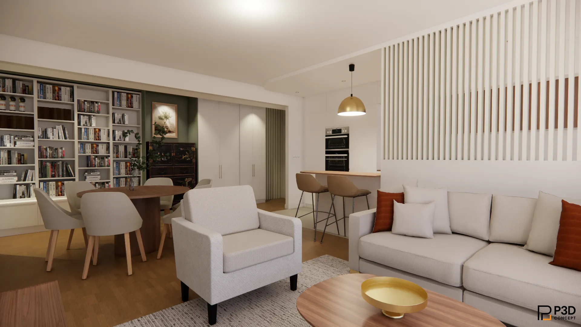 Vue 3D du séjour et de la cuisine ouverte – rénovation d’un F2 à Courbevoie par P3D Concept