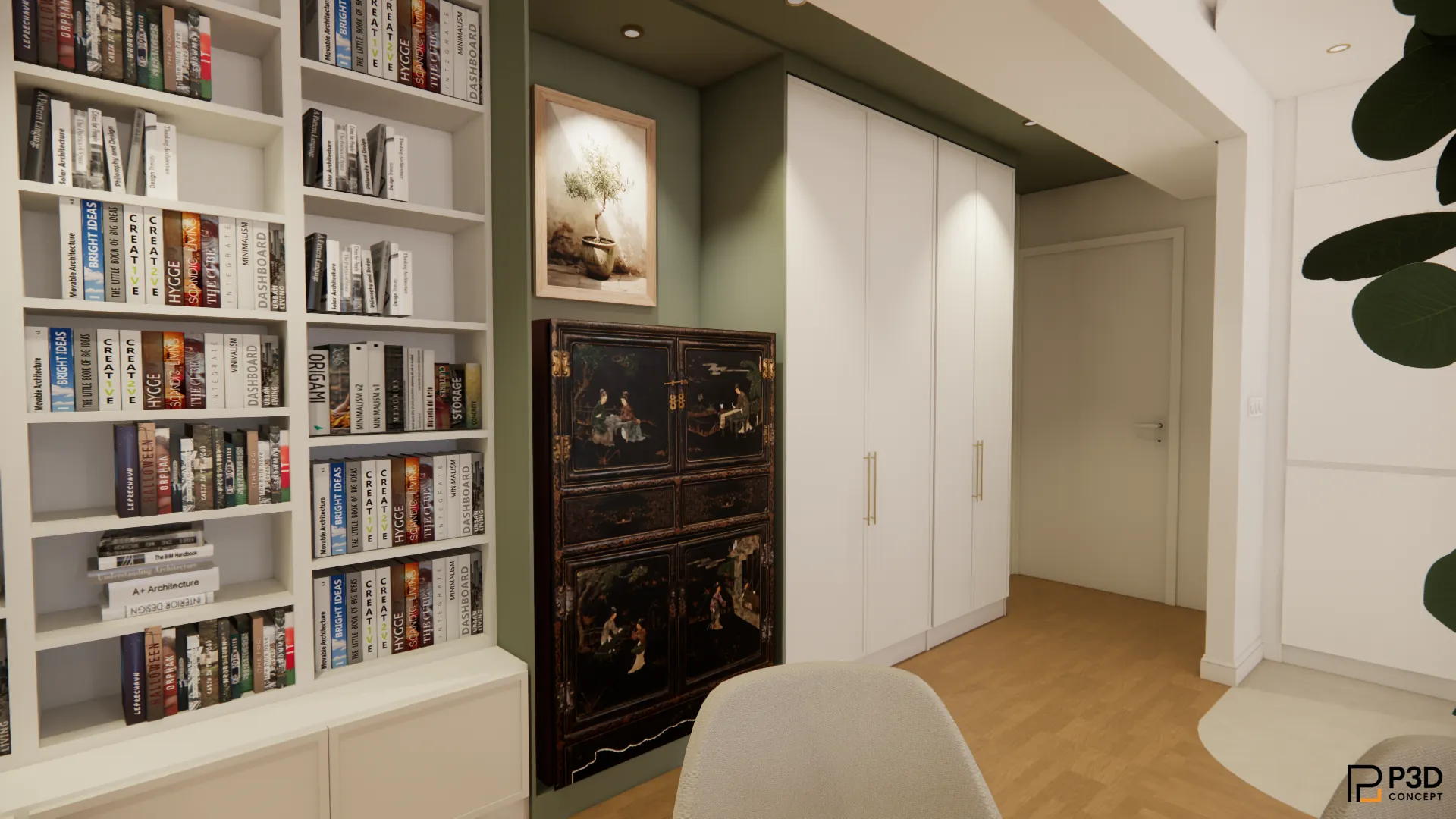 Vue 3D de la bibliothèque – rénovation d’un F2 à Courbevoie par P3D Concept